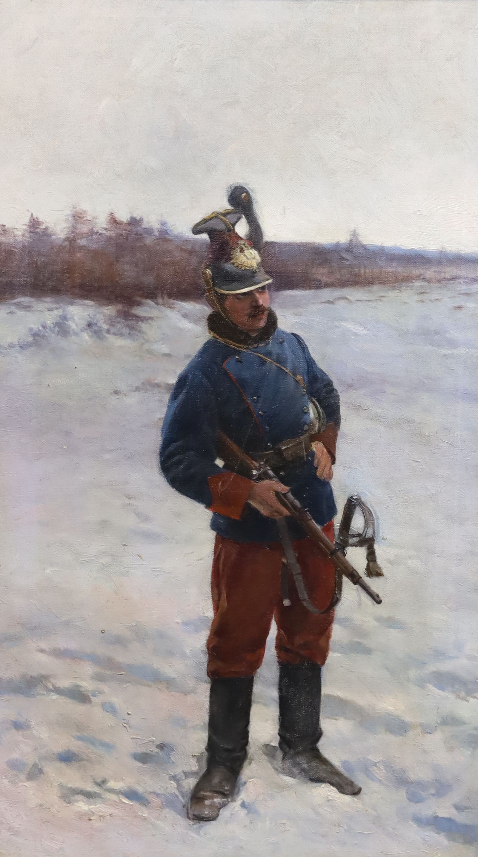 Austrian School c.1900, Soldier standing in the snow, oil on canvas, 73 x 42cm.